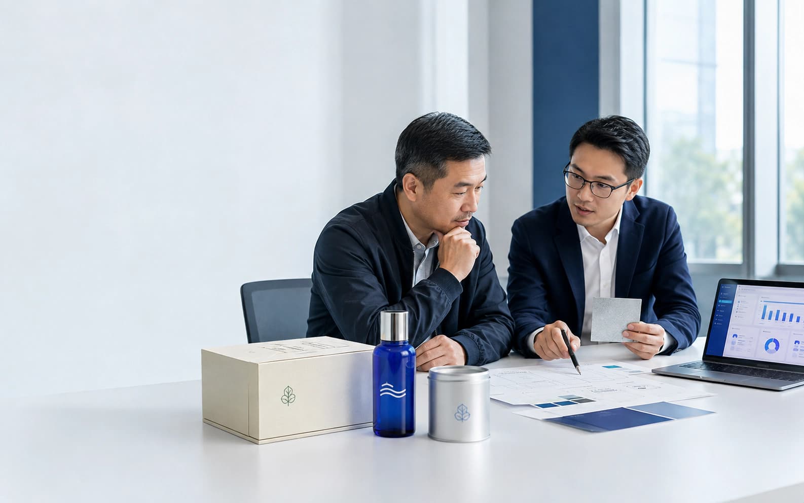 企业人员围绕包装样品交流防伪需求的场景示意