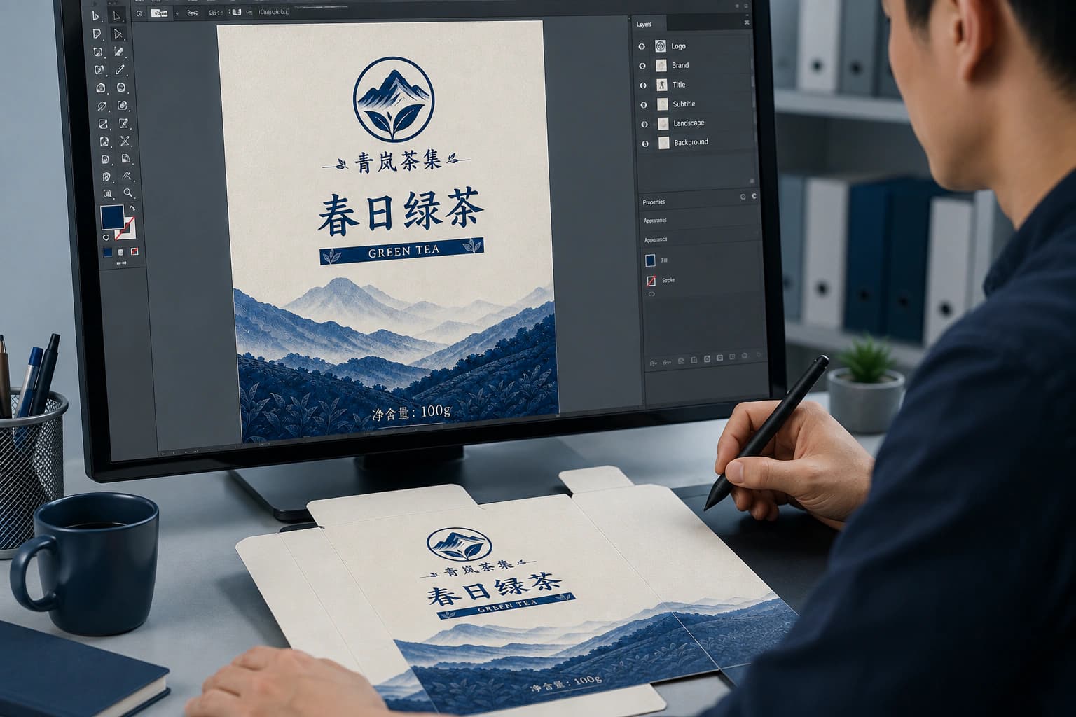 设计工作台上，屏幕图稿与展开的青岚茶集茶盒印样保持相同的品牌图案