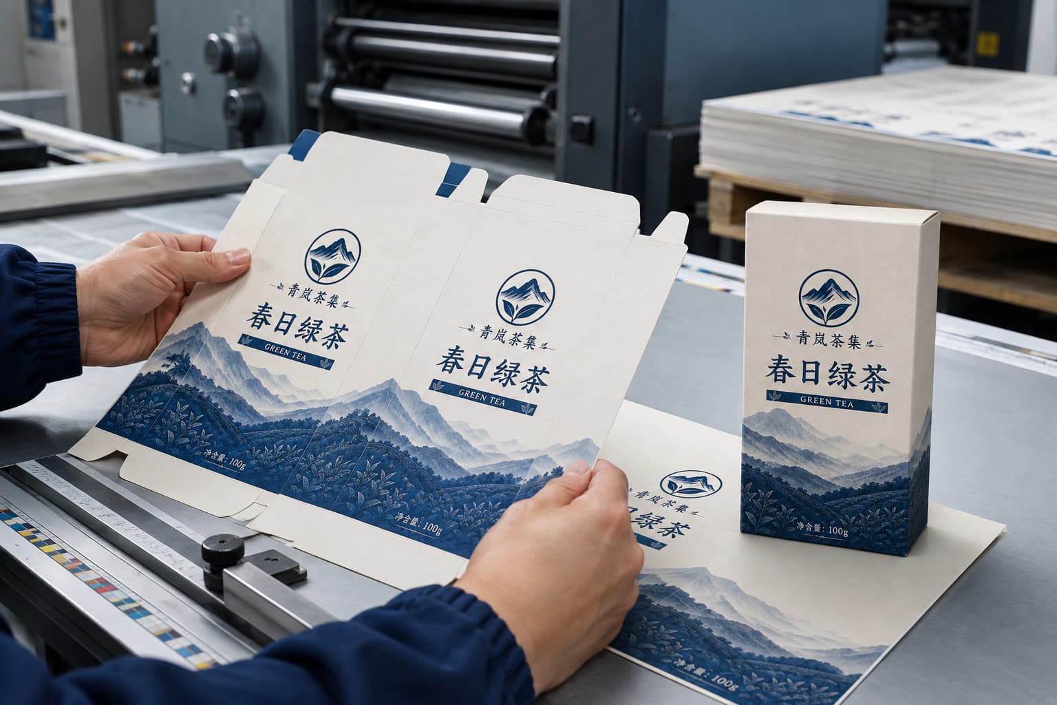 印刷车间检查同款青岚茶集纸盒的印刷样张，旁边展示折叠成型的包装