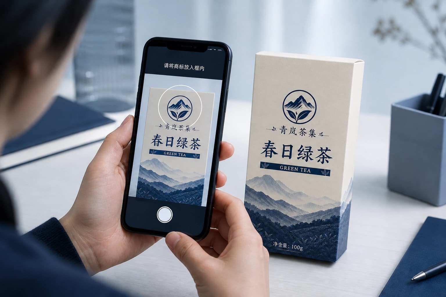 消费者用手机对准同款茶盒的山叶标志，手机取景框中显示对应包装图案