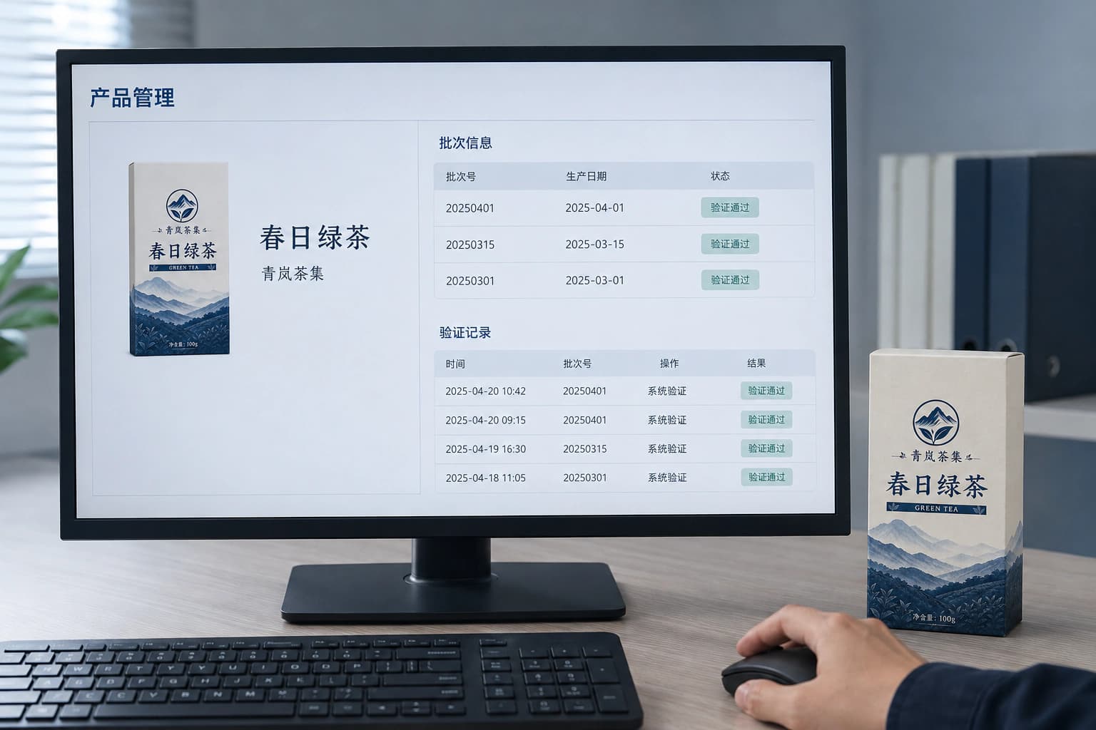 企业管理场景示意，屏幕关联同款春日绿茶产品、批次信息与验证记录