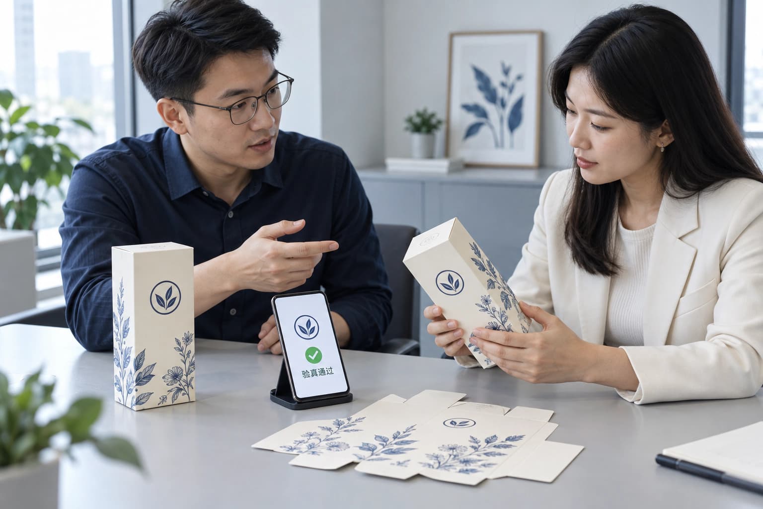 品牌应用合作示意:双方围绕隐码演示包装洽谈,桌面展示对应图稿和手机验真结果