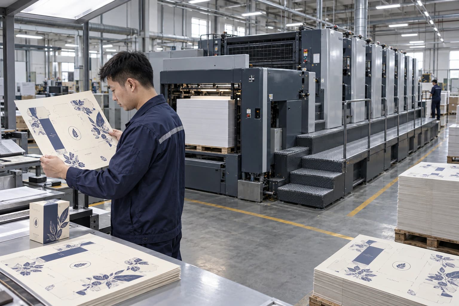 技术授权合作示意:印刷车间内,工作人员在大型印刷设备旁检查包装印样